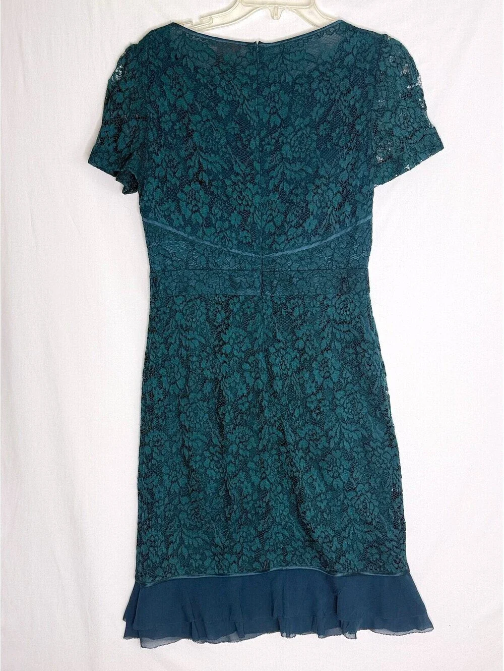 Tory Burch Teal Lace Cocktail Dress 8 Silk Ruffle Puff Sleeve